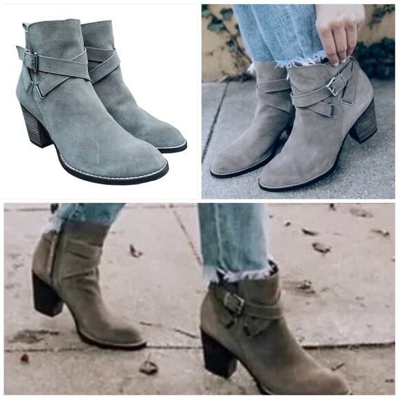 Buckle Detail Heeled Ankle Boot Sam Edelman Morris Size 8.5 Taupe Suede Leather - Picture 11 of 14